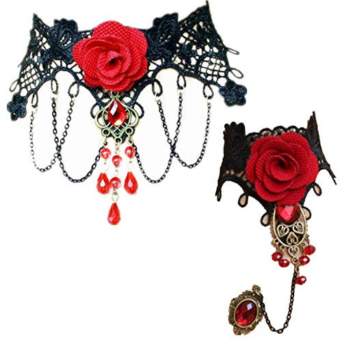 JinYu Gotisch Choker Halskette Armbänder Schmuck Halsband Ketten Victorian Steampunk Retro Zahnräder Spitze Vampir Slave Armband für Halloween Ostern Lolita Spitze Schwarz Rot Geschenk