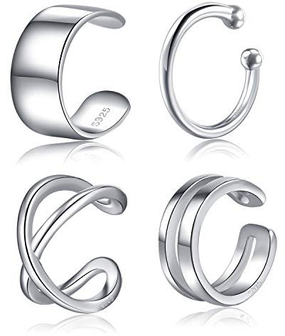 Ear Cuffs 925 Sterling Silver Fake Ear Cuffs Non Piercing Ear Conch Clip on Cartilage Earrings for Women Men | 4 Various Styles
