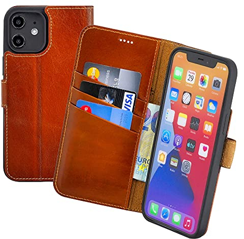 Suncase Book-Style Hülle kompatibel mit iPhone 12 (6.1) Leder Tasche (Slim-Fit) Lederhülle Handytasche Schutzhülle Case mit 3 Kartenfächer in Burned-Cognac