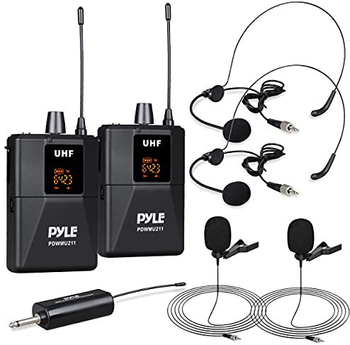 Pyle Dual UHF Wireless Microphone System - Portable Professional Cordless Microphone Set Wireless Mic Kit w/Headset Mic, Lavalier Mic, Beltpack Transmitter, Receiver - Karaoke & Conference - PDWMU211