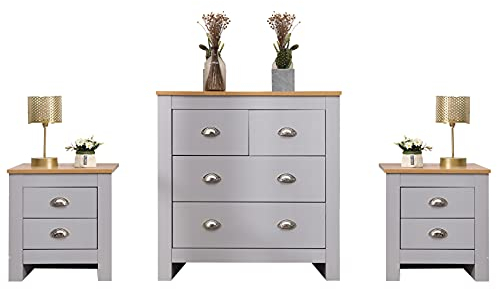 DONEWELL Bedroom Furniture Bedside Table Chest of Drawers Wooden,White+Oak/Grey+Oak,Uk Delivery (Grey 3 Set)