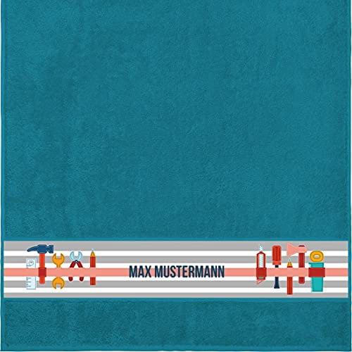 Manutextur Duschtuch mit Namen - personalisiert - Motiv Werkzeug - viele Farben & Motive - Dusch-Handtuch - Petrol - Größe 70x140 cm - persönliches Geschenk mit Wunsch-Motiv und Wunsch-Name