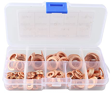 HALJIA 200 Piezas Arandelas Planas de Cobre Arandelas de Anillo Sellado Conjunto de Surtido en Una Caja de Almacenamiento 9 Tamaños (M5 M6 M8 M10 M12 M14)