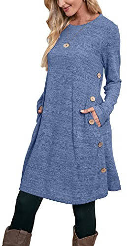 Aokosor Long Sleeve Dress for Women Jumper Dress Ladies Button Tunic Dress with Pockets Blue Size 14-16