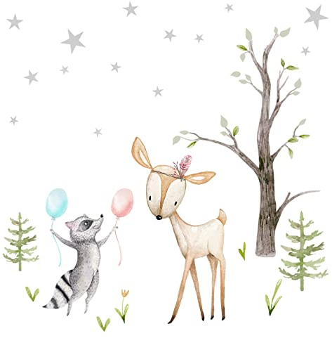 Little Deco Wandtattoo Wandsticker Kinderzimmer REH Waschbär I Wandbild 48 x 35 cm (BxH) I Baum Sterne Wandaufkleber Spielzimmer Baby Deko Kinder DL160-Z8