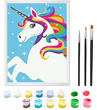 Zimrobin Peinture au Numéro Enfant 5-7 Ans - Kit Peinture Acrylique avec Cadre Photo, 3 Pinceaux (Licorne Colorée)