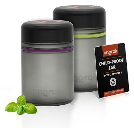 ONGROK Glass Storage Jar, 500ml, 2 Pack, Color-Coded Airtight Glass Containers, UV Herb Jar to with Child Resistant Lid, Perfect Size Jar to Store in a Drawer or Cupboard
