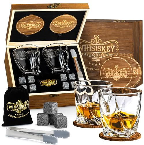 Whisiskey Whisky Gläser Set - Whiskey Geschenkset Glas - Whiskygläser - Geschenke für Männer - Männergeschenke - Geburtstagsgeschenk Mann - Geschenkbox, 2 Rum Gläser x 310ML, 8 Whiskey Steine