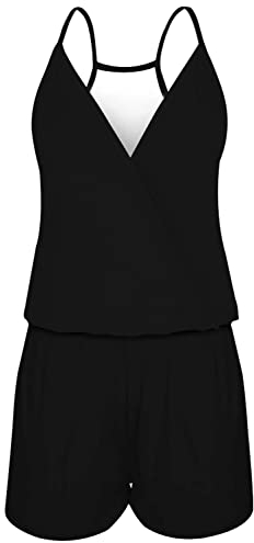 Loveternal Jumpsuit Damen Overall Frauen Sommer Kurz Romper Schwarz Einteiler Playsuit Ärmellos Elegant Sexy Träger Rückenfrei Taschen V Ausschnitt Strand, M