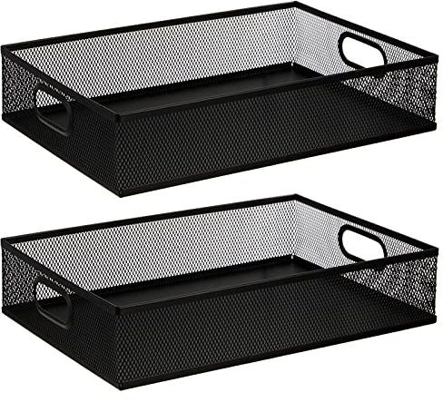 Elsjoy Paquete de 2 bandejas organizadoras de cajones de escritorio, bandeja de almacenamiento de malla de metal, organizador de archivos de oficina con asa, cesta de almacenamiento grande portátil
