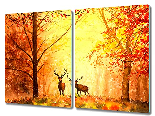 Coloray 2x40x52 Hackbrett Küchenbrett Kochplattenabdeckung Schneidebrett Herdabdeckplatte - Herbstwald Hirsch