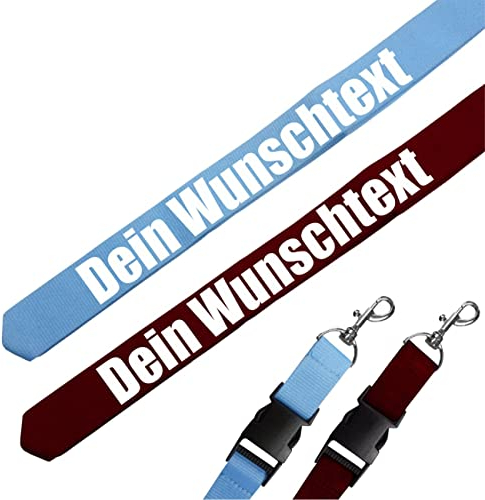 Spaß Kostet Schlüsselband lang HELLBLAU oder WEINROT mit Text Name Moderne Schriftart