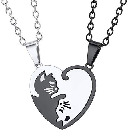U7 BFF Matching Necklace Yin Yang Cat Pendant For Couples 2 Pieces Jigsaw Necklaces Heart Jewellery