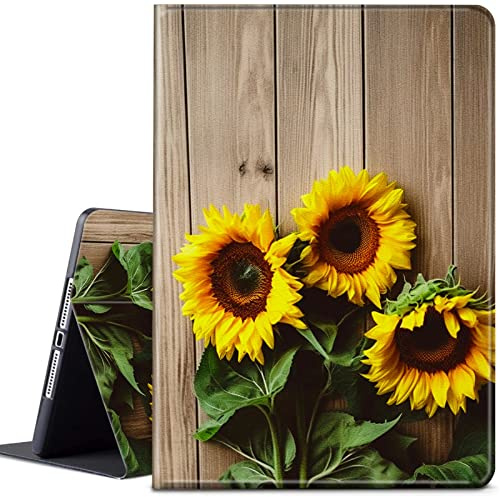 CGFGHHUY Schutzhülle für iPad der 10. Generation 2022, leicht, schützend, PU-Leder, Smart Stand-Cover mit automatischer Wake-/Sleep-Hülle für iPad 10. Generation 2022, Holz mit gelben Sonnenblumen