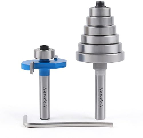 Newdeli 1/4 Inch Shank Rabbet Router Bit 1/4 Height with 6 Bearings Set (1/2, 5/8, 3/4, 7/8, 1, 1-1/8 Bearings) Wood Biscuit Slot Cutters