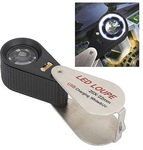 20-fache Juwelier-Lupe mit LED und UV-Licht, Wiederaufladbare Taschen-Faltlupe, Mini-Lupe aus Metall für Juweliere, Briefmarken-Philatelisten und Münzen-Numismatiker