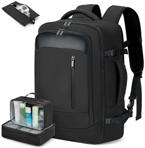 Lekeinchi Handgepäck Rucksack Flugzeug Herren Damen, Ryanair Handgepäck 40x20x25(20L), Wasserdicht Rucksack mit 3 Packwürfeln, Groß Reiserucksack Travel Backpack für Reise Arbeit Ferien-Schwarz