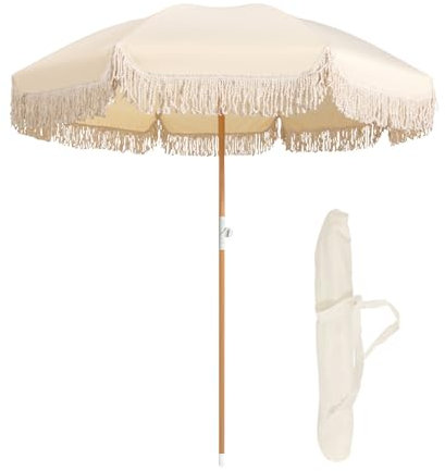 200cm Sonnenschirm Strand Mit Fransen Gartenschirm Wasserdicht Tragbar Strandschirm UV 50+ Marktschirm Mit Neigbar Balkonschirm Mit 8 Stabilen Rippen Terrassenschirm Mit Tragetasche (Color : Beige)