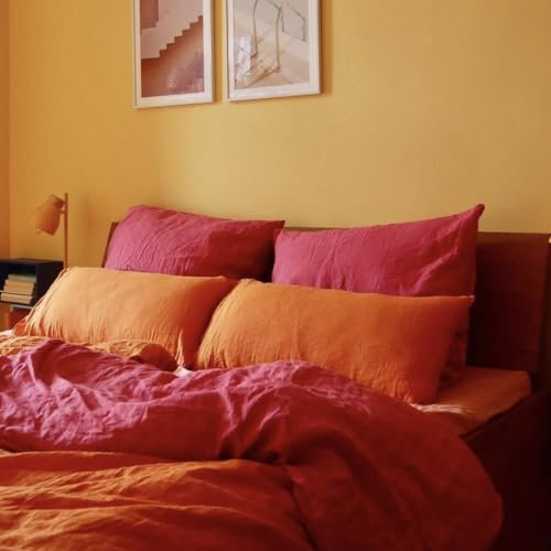 JOWOLLINA Natur Leinen Bettwäsche-Set Soft Washed Finish 180mg2 (Beeren Orange, 200x200 cm, 40x80 cm)