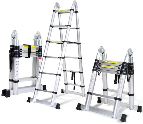Fiqops scala telescopica 3,8 m (1,9+1,9) pieghevole in alluminio, scala multiuso, portatile, portata massima 150 kg/330 libbre, antiscivolo, argento