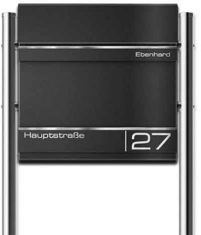 Metzler Standbriefkasten Hermann aus massivem, pulverbeschichtetem Stahl in RAL 9005 Tiefschwarz, mit Lasergravur, Edelstahl-Leisten, mit beidseitigem Zeitungsfach, Größe: 37x37x10,5 cm, Höhe 120 cm