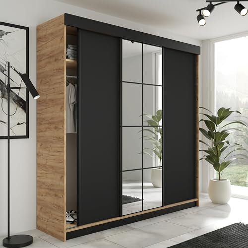 KIER FURNITURE Schiebegarderobe LAMARO mit Spiegel - Schrank Schlafzimmer – Schlafzimmerschrank – Wardrobe Bedroom – Kleiderschränke – Kleiderschrank - 250x205x59cm - Eiche Handwerk Gold & Schwarz