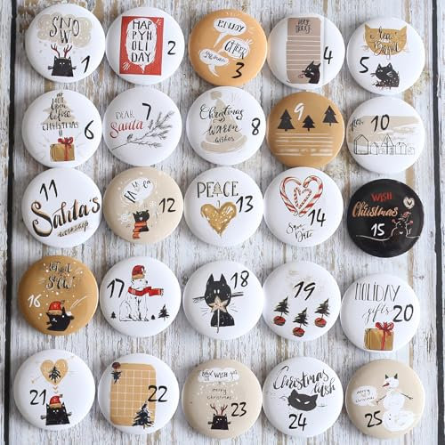 HERZONE Adventskalender Zahlen Buttons Anstecknadeln zum Dekorieren von Adventskalendern mit Zahlen von 1-25 Ideal für Stoffsäckchen, Tüten und Beutel (white black cat)