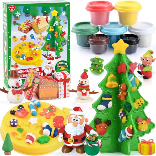 PLAY Weihnachten Knete Set für Kinder - Knete Zubehör knete ab 3 jahre DIY Weihnachtsbaum Set, Christmas Kinderknete mit knetwerkzeug 7 Dosen knetmasse, geschenk mädchen 4 5 6 7 8 9 10 jahre