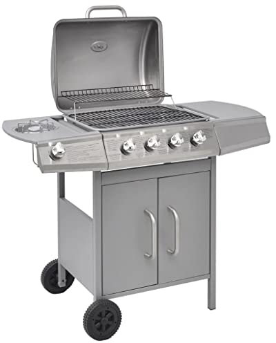Amorsee Barbacoa a Gas Acero Inoxidable con 4 Quemadores, Barbacoa Portatil, Termómetro, Rejilla de Acero Inoxidable - Barbacoa con Ruedas en Carrito Plateado