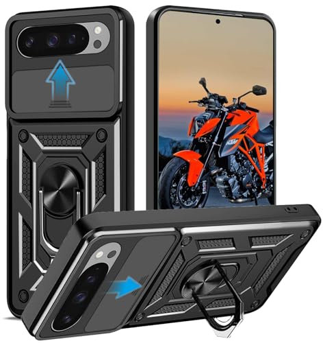 Cover per Google Pixel 9/9 Pro, Slide Protezione Fotocamera, Armatura Cover con 360 Gradi Girevole Anello Metallo Magnetica Supporto Silicone Antiurto Custodia per Google 9/9 Pro