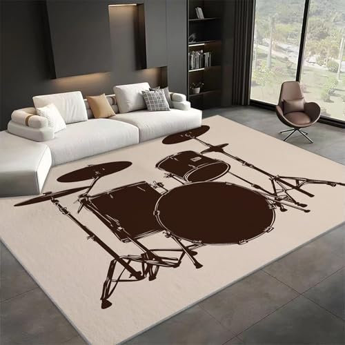 Waschbarer Teppich 180x240cm, Musikinstrument Schlagzeug Weicher Rutschfester Vintage Teppich, Kurzflor Bedruckter Teppich für Wohnzimmer, Büro, Schlafzimmer Musikkunst