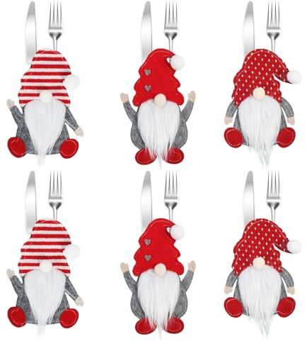 Creaher 6PCS Christmas Cutlery Bags, Xmas Santa Utensil Holdes, Felt Knives Forks Bags Gnome Tableware Holder for Christmas Dining Table Decoration