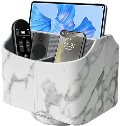 360° Drehbarer FernbedienungShalter,Handys Aufbewahrung,PU Leder Kosmetikpinsel Organizer mit 5 Fächer,Multifunktion Nachttisch Schreibtisch Organizer Büro Schreibtisch Stiftehalter,Weißer Marmor