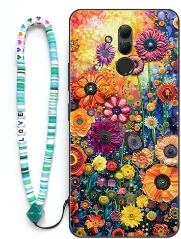 Sinyunron Hülle Kompatibel mit Huawei Mate 20 Lite Handyhülle 2-in-1 Hybrid Set [Stoßfeste TPU Schutzhülle+Gemusterte Rückseite],Handy Schutzschale mit Buntes Schlüsselband,Bunte Blumen