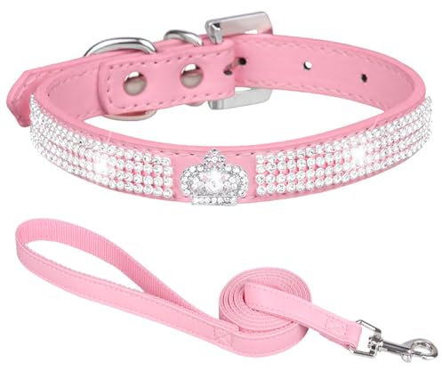 Suiecuor Collare e Guinzaglio per Cani di Piccola, Media e Grande Taglia, Collare in Pelle con Strass e Guinzaglio, Regolabile, Rosa, XS
