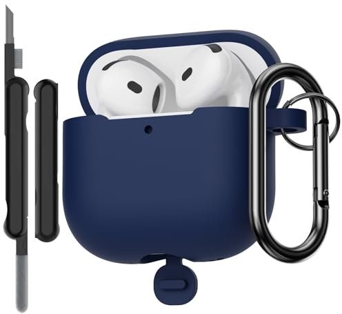 AOTUAO Case Compatible with AirPods 4th Generation Case Cover with Cleaner Kit, Shockproof Drop Protection Scratch Resistant Silicone Case Cover for AirPods 4 2024 with Keychain, Midnight Blue