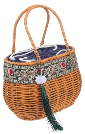 Cabilock Handgewebte Pp Handtasche im Ethno Stil mit Ovalem Korb Praktische und Zarte Einkaufstasche für Picknick und Reise Kleiner Korb mit Henkel