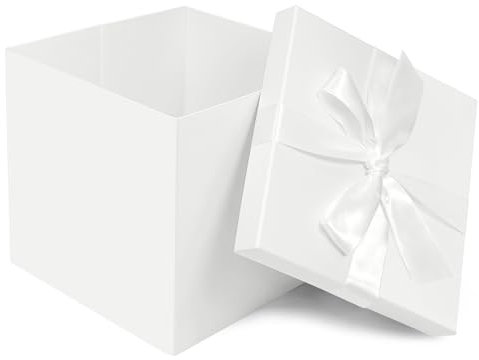 Weiße Große Geschenkbox mit Deckel, 25x25x25 CM, Band und Papierschnipsel mit Karte, für Geburtstage, Schulabschlussfeiern, Jubiläen, Weihnachten, Halloween, Valentinstag