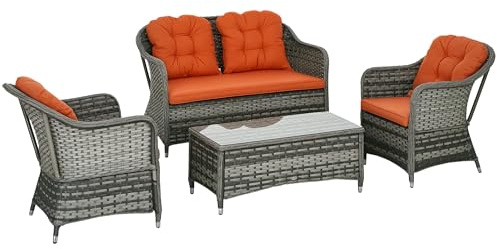 Outsunny 4 Pieces Outdoor PE Rattan Garden Furniture with Cushions, Patio Special Hand Weave Wicker Conservatory Sofa Set with Glass Top Coffee Table, Orange