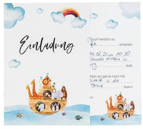 annaundfelix 12x Einladungskarten Taufe • Arche Noah Regenbogen • Din A6 Set mit Lückentext • Kommunion Konfirmation Segnung Taufeinladung • Mädchen (Arche Noah)