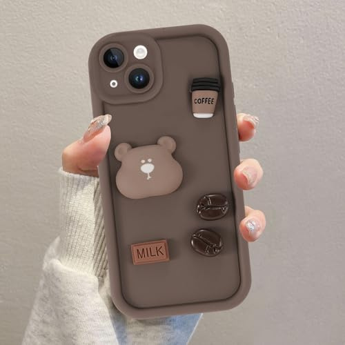 Kueqeay Handyhülle für iPhone 13 hülle 6,1'', Aesthetic 3D Teddybär Muster Design Braun Weiche TPU Silikon Stoßfest Kameraschutz Schutzhülle Bumper Ultra Dünn Mädchen Case, 12
