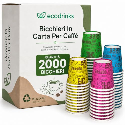 2000 Bicchieri Caffe Carta Da 75ml - Set Bicchierini Monouso per Bevande Calde/Fredde - Biodegradabili, Eco-friendly e Made in Italy, Arcobaleno