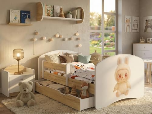 Happy Babies Kinderbett - mit Rausfallschutz Junge 140x70 Bett für Kinderzimmer mit Schublade & Matratze Einzelbett für Kinder Weiß/Helle Birne News BUBU (Nr 3)