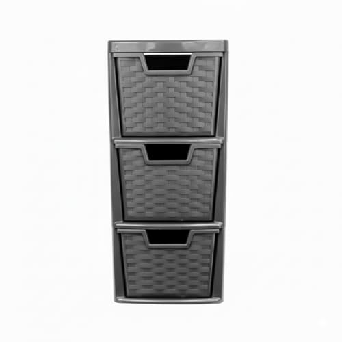 ZYORA Medium Plastic Storage Drawers Unit,Rattan Effect Compact Vertical Organizer Drawers, Plastic Drawers Storage and Organization for Home, Office, Crafts & Household Use (Black/Rattan, 3-Tier)