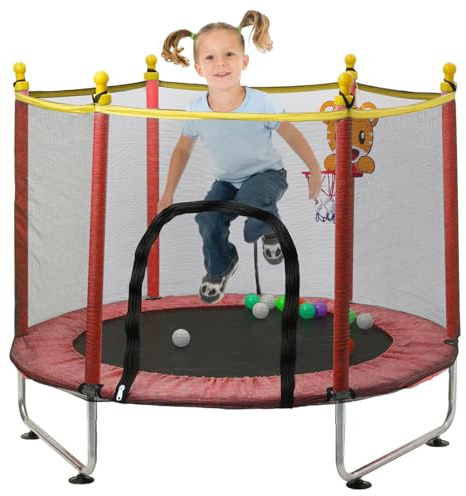 Kinder Trampolin 140 cm, Trampoline Outdoor mit Sicherheitsnetz, Indoor Kindertrampolin mit Basketballkorb, Kleines Trampolin Outdoor für Kinder ab 2 3 Jahre (Rot)