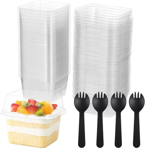 100 PCS 8 oz Plastic Dessert Cups, Disposable Parfait Cup with Lid and Spork, Square Clear To Go Containers for Pudding, Yogurt, Mousse, Trifle, Ice Cream, Cake, Fruit