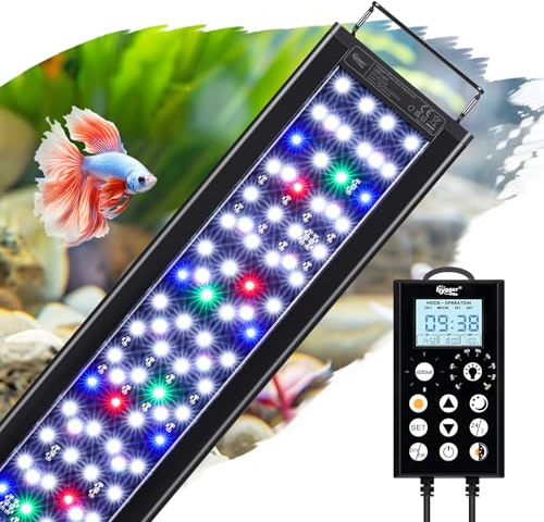 hygger Aquarium Beleuchtung LED, Aquarium Licht, Aquarium lampe 24/7 beleuchtung für aquarien mit Controller, 5 Modi mit Timer, 8 Farben, verstellbare 10 Helligkeit, erweiterbare Halter, 24W, 45-60CM