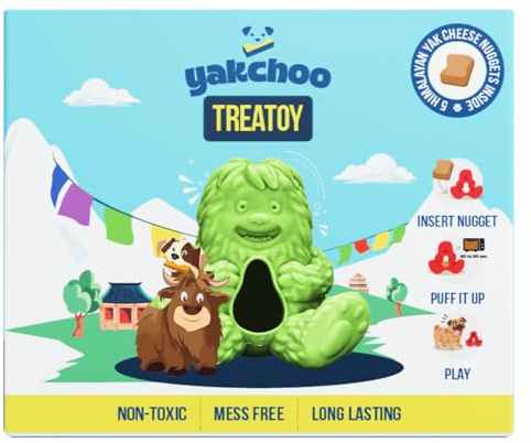 Yakchoo Treatoy for Dogs (Green) | BPA Free Interactive Chew Toy with Natural Himalayan Cheese Treat | Durable, Gentle on Gums, Fun Training & Dental Toy | Includes 5 Yak Cheese Nuggets