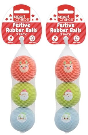 YöL Pack of 6 Festive Rubber Dog Balls 6cm Tough Chew Resistant Christmas Pet Toy Set with Blue Snowman Green Santa and Red Reindeer Designs Safe for Teeth and Gums