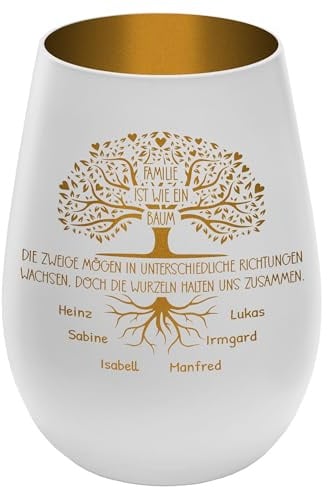 mtb more energy Personalisiertes Windlicht für Familien Weiß/Gold aus Glas mit Gravur & Namen – Spruch ' Familie ist wie EIN Baum… ' – Geschenkidee für Eltern, Großelter, Geschwister